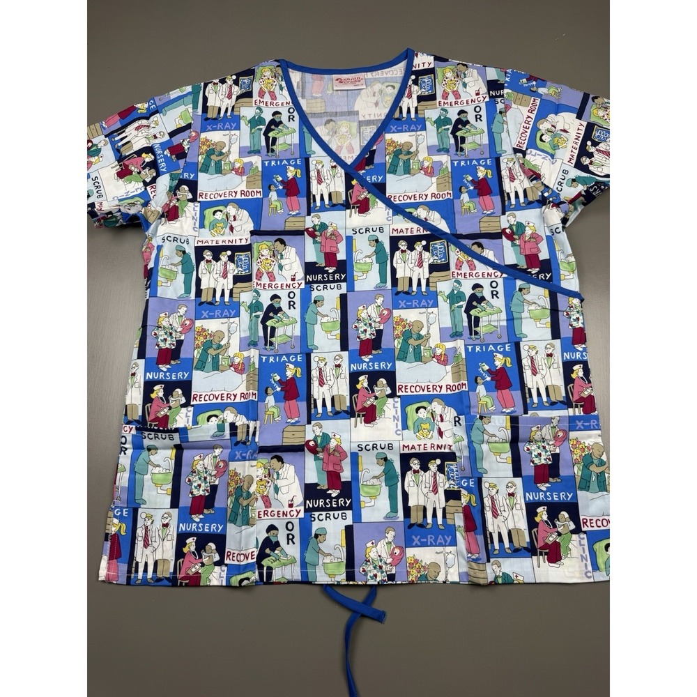Fashion Scrubs Hospital Themed Women's Scrub Top Size Large V Neck Mock Wrap NEW
